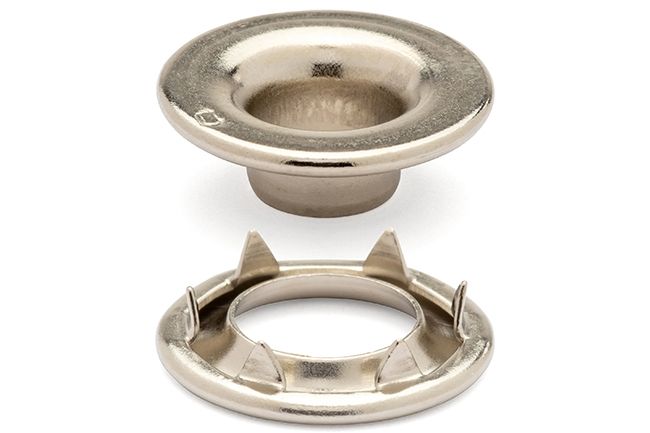 DOT Rolled Rim Grommet with Spur Washer #0 (20-007R051831XG) Nickel-Plated Brass 9/32 inch 1-gross DOT Rolled Rim Grommet with Spur Washer #0 (20-007R051831XG) Nickel-Plated Brass 9/32 inch 1-gross