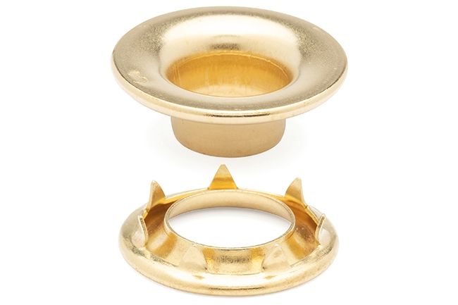 DOT Rolled Rim Grommet with Spur Washer #3 (20-007R350001XG) Bright Brass 15/32 inch 1-gross DOT Rolled Rim Grommet with Spur Washer #3 (20-007R350001XG) Bright Brass 15/32 inch 1-gross