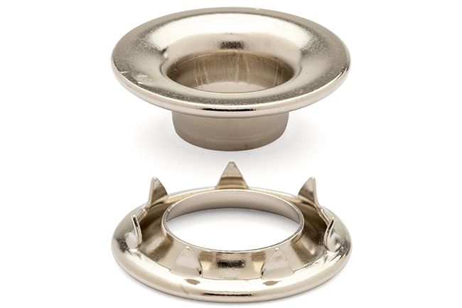 DOT Rolled Rim Grommet with Spur Washer #3 (20-007R351831XG) Nickel-Plated Brass 15/32 inch 1-gross DOT Rolled Rim Grommet with Spur Washer #3 (20-007R351831XG) Nickel-Plated Brass 15/32 inch 1-gross