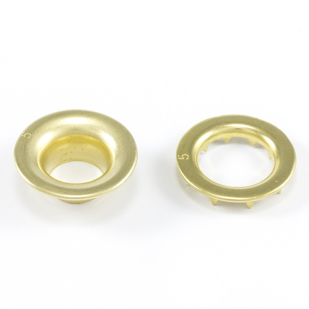 DOT Rolled Rim Grommet with Spur Washer #5 (20-M07R550001TXG) Bright Brass 5/8 inch 1-gross DOT Rolled Rim Grommet with Spur Washer #5 (20-M07R550001TXG) Bright Brass 5/8 inch 1-gross