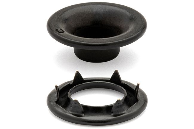 DOT Rolled Rim Grommet with Spur Washer #0 (20-007R001611XG) Government Black Brass 9/32 inch 1-gross DOT Rolled Rim Grommet with Spur Washer #0 (20-007R001611XG) Government Black Brass 9/32 inch 1-gross