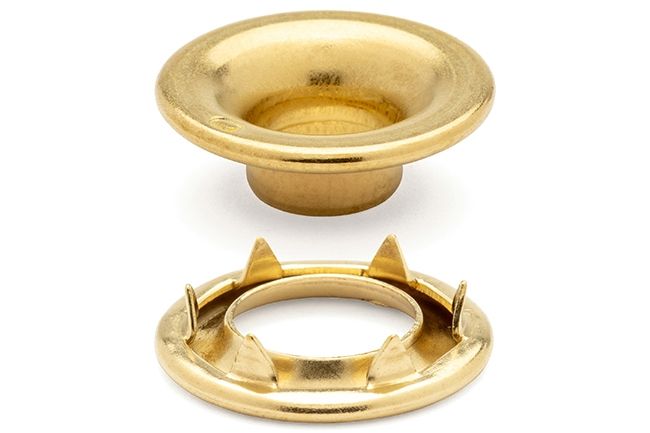 DOT Rolled Rim Grommet with Spur Washer #0 (20-007R050001XG) Bright Brass 9/32 inch 1-gross DOT Rolled Rim Grommet with Spur Washer #0 (20-007R050001XG) Bright Brass 9/32 inch 1-gross