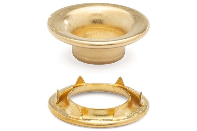 DOT Rolled Rim Grommet with Spur Washer #1 (20-007R150001XG) Bright Brass 13/32 inch 1-gross DOT Rolled Rim Grommet with Spur Washer #1 (20-007R150001XG) Bright Brass 13/32 inch 1-gross