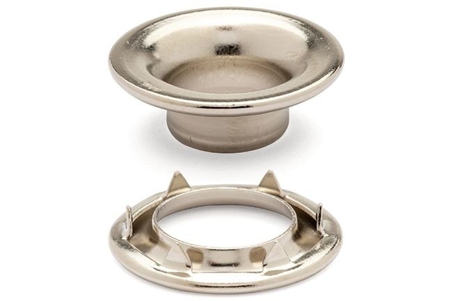DOT Rolled Rim Grommet with Spur Washer #1 (20-007R151831XG) Nickel-Plated Brass 13/32 inch 1-gross DOT Rolled Rim Grommet with Spur Washer #1 (20-007R151831XG) Nickel-Plated Brass 13/32 inch 1-gross