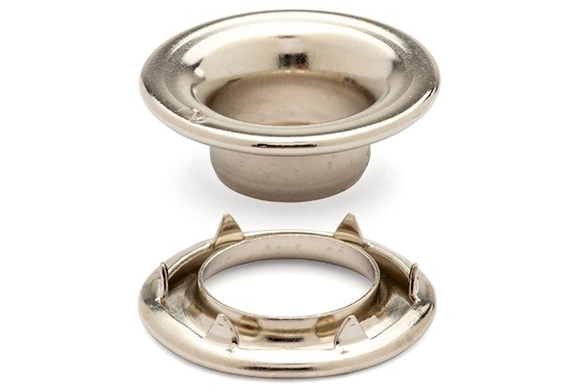 DOT Rolled Rim Grommet with Spur Washer #2 (20-007R251831XG) Nickel-Plated Brass 7/16 inch 1-gross DOT Rolled Rim Grommet with Spur Washer #2 (20-007R251831XG) Nickel-Plated Brass 7/16 inch 1-gross