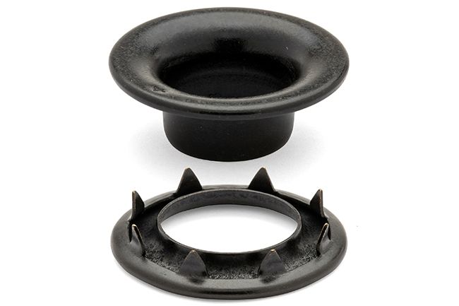 DOT Rolled Rim Grommet with Spur Washer #4 (20-007R401611XG) Government Black Brass 9/16 inch 1-gross DOT Rolled Rim Grommet with Spur Washer #4 (20-007R401611XG) Government Black Brass 9/16 inch 1-gross