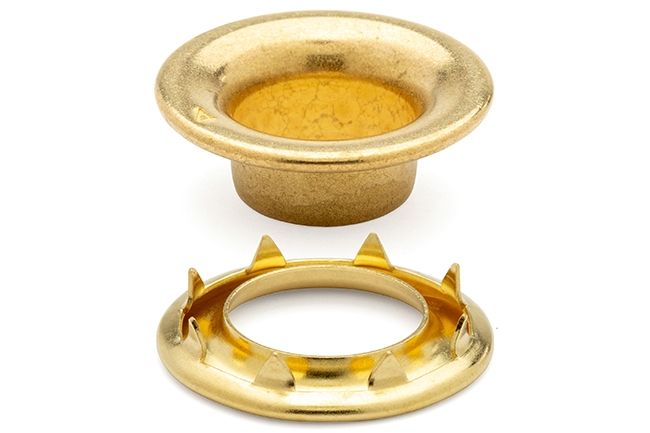 DOT Rolled Rim Grommet with Spur Washer #4 (20-007R450001XG) Bright Brass 9/16 inch 1-gross DOT Rolled Rim Grommet with Spur Washer #4 (20-007R450001XG) Bright Brass 9/16 inch 1-gross