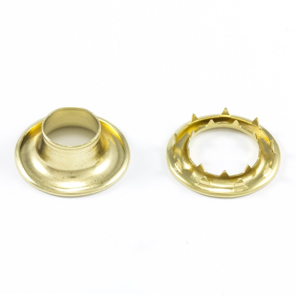 DOT Rolled Rim Grommet with Spur Washer #5 (20-M07R550001TXG) Bright Brass 5/8 inch 1-gross DOT Rolled Rim Grommet with Spur Washer #5 (20-M07R550001TXG) Bright Brass 5/8 inch 1-gross