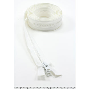 YKK Vislon #10 Separating Zipper AutoLok Short Double Pull Metal Slider 84 inch White YKK Vislon #10 Separating Zipper AutoLok Short Double Pull Metal Slider 84 inch White