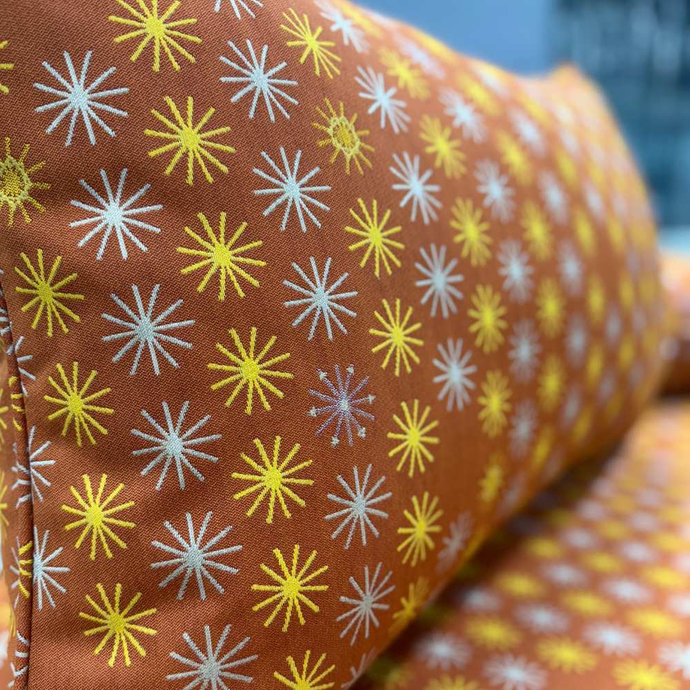 Sunbrella by Mayer Spokes Sunset 435-009 Vollis Simpson Collection Upholstery Fabric Sunbrella by Mayer Spokes Sunset 435-009 Vollis Simpson Collection Upholstery Fabric