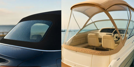 Side-by-side view of a car and boat soft top using clear vinyl, showcasing its versatility for marine and automotive projects